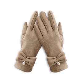 Feelorna Winter Warm Gloves, Fleece Lined Gloves for WomenTouch Screen Mittens with Pearls and Bow (Khaki)