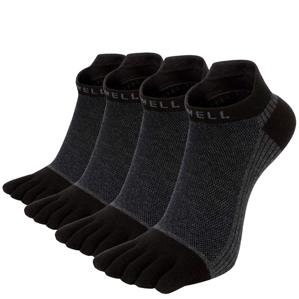 VWELL Men's Five Toe Socks, Sweat Absorbent, Quick Drying, Ankle Socks, 5 Toe Socks, Casual, Antibacterial, Odor Resistant, Breathable, Four Seasons, Durable Socks, Set of 4, 9.8 - 10.6 inches (25 - 27 cm), Black