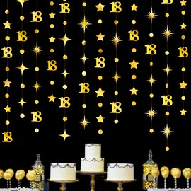 Gold 18th Birthday Decorations Number 18 Circle Dot Twinkle Star Garland Metallic Streamer Banner Backdrop for Girls Boys Happy 18th Birthday Time to Adult Cheers to 18 Years Old Anniversary Party