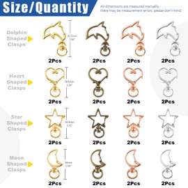 Glarks 32Pcs Metal Star Heart Moon Dolphin Shape Clasp, 4 Styles 5 Colors Lobster Claw Clasps Swivel Snap Hook Spring Snap Keychain Clip for Keys Pendants, Bags and Jewelry Making