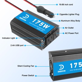 175 Watt Car Power Inverter 12V AC to 110V/120V DC Converter Indoor & Outdoor Use Car Adapter Peak Power 350W with 2 AC Outlets & 2 USB Ports Car Laptop Charger