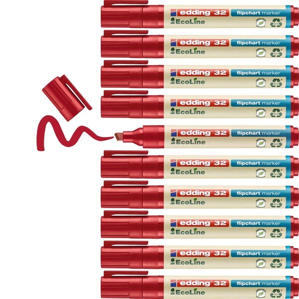 edding 32 EcoLine flipchart marker - rood - 10 stiften - beitelpunt 1-5 mm - stift voor schrijven, tekenen op flip-over papier - drukt niet door - droogt niet uit- intensieve kleur - navulbaar
