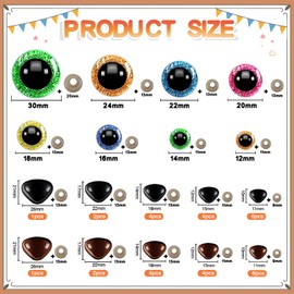 TOAOB 100 Set 12 mm to 30 mm Safety Noses and Safety Eyes for Crochet Animals Large Doll Eyes Glitter Colourful Animal Eyes for Crochet Animals Puppet Doll Making