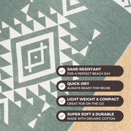 FESHKA Sand Free Turkish Beach Towel (37 x 67) Quick Dry Bath Towel, Oversized Beach Blanket, Lightweight for Travel - Made with 100% Organic Turkish Cotton - Aztec (Green)