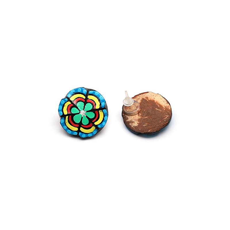 Hand painted vivid green flower button coconut shell stud earrings