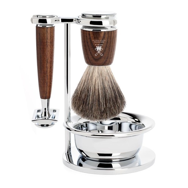 MÜHLE Intro 4-Piece Pure Badger/Safety Razor Shaving Set (Steamed Ashwood - Rytmo)