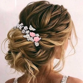 Easedaily Flower Bride Wedding Hair Vine Silver Rose Headpieces Pearl Hair Pieces Bridal Hair Accessories for Women and Girls