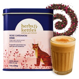 Herbs & Kettles Rose Cardamom Chai | Assam Black Tea with Rose Petals, Green Cardamom, Ginger, Cinnamon & Cloves | Floral Loose Leaf Blend | Makes 10–14 Servings | Premium Gift for Tea Lovers
