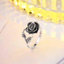 Alphm S925 Sterling Silver Rose Flower Ring Adjustable Wrap Open Jewelry for Women Friend Mom Bride Girlfriend Sisters Teen, 7, Sterling Silver, Cubic Zirconia