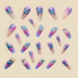 24 Pcs Butterfly Press on Nails Medium Coffin Shaped Fake Nails Designs Pink Blue Purple Gradient False Nails Glossy Acrylic Nails Full Cover Stick on Nails for Women Nails Manicure Decoration