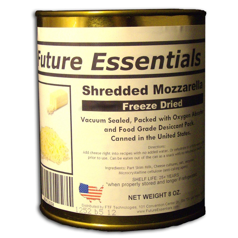 Can of Future Essentials Freeze Dried Shredded Mozzarella Cheese