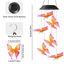 Solar Wind Chimes, Solar Hanging Butterfly Wind Chime Outdoor/Indoor, Waterproof Changing Led Solar Decor Light for Home, Patio, Garden, Window (Butterfly)