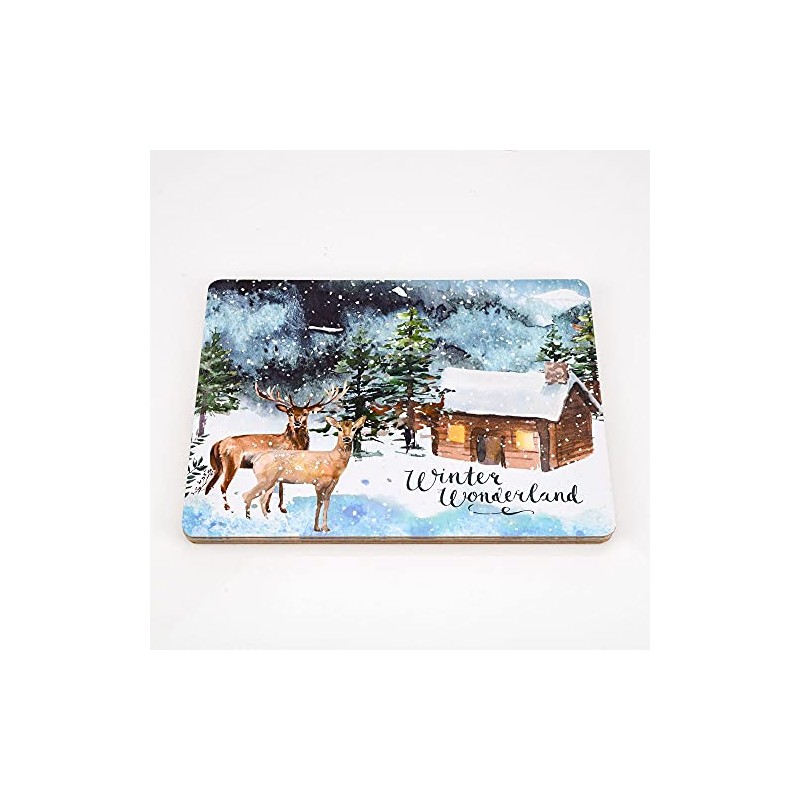SET OF 4 PLACEMATS - DEER AND HUT SCENE"WINTER WONDERLAND"
