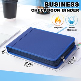 Henoyso 3 Rings Fireproof Business Check Binder with Zipper 1.5 Inch D Rings 3 on a Page Fit 3 & 9 Holes Check 600 Sheets Capacity Organizer Binder for Office Storage End Stub Deskbook (Dark Blue)
