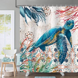 Bonhause Shower Curtain Sea Turtle Coral Nautical Ocean 180 x 180 cm Shower Curtains Anti-Mould Waterproof Polyester Fabric Washable Bathroom Curtain for Bathroom with 12 Hooks
