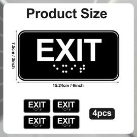 4pcs Exit Sign with Braille, 6x3in Emergency Exit Sign for Business ADA Compliant Plastic Exit Warning Signage with Adhesive Mounting Strips for Indoor Outdoor Office