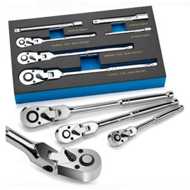 FOXCODE 6-Piece Flex Head Ratchet Set, Chrome Vanadium Steel, 1/4", 3/8", 1/2" Drive with Extension Bars, 72 Tooth 180° Adjustable Quick-Release Professional Swivel Head Ratchet Wrench Gift Set