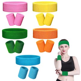 SSuirk 15 pcs Sweatband and Wristband Set Sport Headband and Wristband Moisture Wicking Sweatband Workout Wrist Wrap for Men Women,Green Pink Blue Orange and Yellow