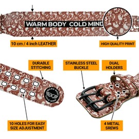 WARM BODY COLD MIND Leather Weight Lifting Belt 4" Adjustable Belt with Buckle for Training Squats Gym (Skull, 3XL)