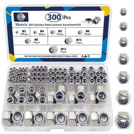 ZQZ 300 Pack Metric Nylon Insert Locknuts Assortment Kit,M3 M4 M5 M6 M8 M10 M12 Nylock Nuts Sets,304 Stainless Steel Standard Thread Lock Nuts for Bolt