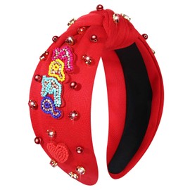 PHALIN Headband, Mother's Day Beaded Mama Knotted Headband, Glitter Embellished Rhinestone Pearl Headband, Holiday Wide Top Knot Headband, Hair Accessories Gifts (Red, 1 Count Pack of 1)