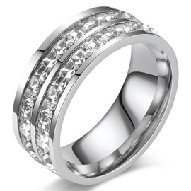 munone 8mm Double Row Channel Set Eternity Band Ring for Women Men,14k Gold Plated Titanium Cubic Zirconia Simulated Diamond Princess Cut Stackable Non Tarnish Comfort Band Ring