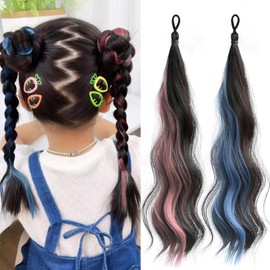 Sucodver Children's Hair Extensions, Children's Hair Extensions, Curly Hair Extensions, Pink, Blue, Set of 2, Long Heat Resistant, Fiber, Ironable, Hair Bundles, Ponytail, Bun Braid (Pink + Blue)