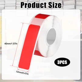 3 Rolls Label Maker Tape for Phomemo D30, 12x40mm Self Adhesive Label Tape Waterproof Thermal Paper Stickers Roll Thermal Labels for Office Home School Supplies (Red)