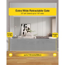 118 Inch Extra Wide Retractable Baby Gate,Mesh Large Baby Gate or Mesh Pet Dog Gate, Opening Wide Extra Long Child Safety Gate for Indoor Baby Fence, Outdoor, Stairs, Deck (Grey)