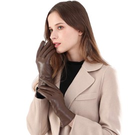 ROSYLINE Leather Gloves Women Touch Screen Gloves Warm Winter Driving Glove Hull-Hand Brown S