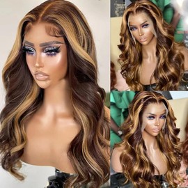 PXTPXT Honey Blonde Ombre Lace Front Wig Human Hair 13x4 HD Lace Front Wig 4/27 Highlight Ombre Body Wave Lace Frontal Glueless Wigs Pre Plucked with Baby Hair 30 Inch