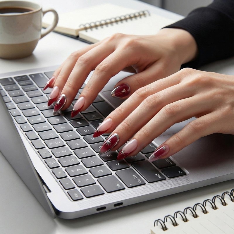Burgundy Ombre Press On Nails - 24Pcs Almond French Tips