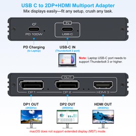 USB C to HDMI + 2 Displayport Adapter 3 Monitors 4K60Hz DP HDMI Splitter 1 in 3 Out for Extended Display with PD 100W Charging, Plug & Play, Compatible with Laptop,PC,USB-C Graphics Card
