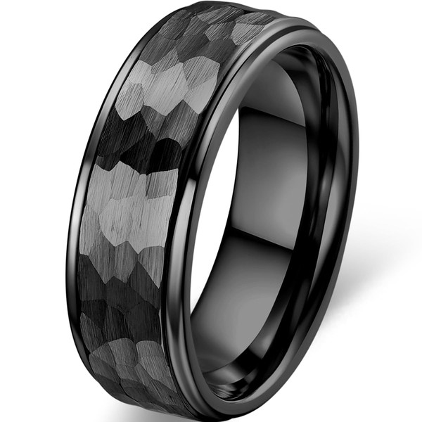 Adreamz 8mm Black Mens Hammered Tungsten Wedding Rings For Men