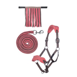 HKM, Horse Halter Set, Lead Rope, Fly Fringe, Knitted, 180 cm, Carabiner, Pony, VB WB, 10733, Mocha / Milky Pink