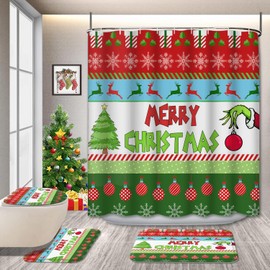 BUSOIYOU 4 Pcs Merry Christmas Shower Curtain Sets with Non Slip Rug Toilet Lid Cover Bath Mat, Snowflakes Home Bath Bathtub Fabric Machine Washable with 12 Hooks, 72x72Inch