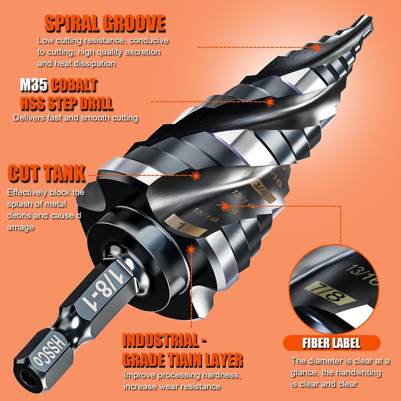 Four Spiral Flute Step Drill Bit for Metal,M35 Cobalt Unibit