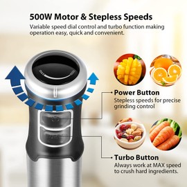 COMFEE' Immersion Hand Blender, Brushed Stainless Steel, Multipurpose Stick Blender with 500 Watts, 600ml Beaker, 500ml Chopper and Whisk, Perfect for Baby Food, Smoothies, Sauces and Soups, Black