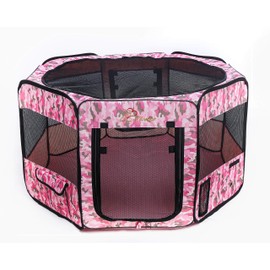 Pawer 36”×18.5” 8-Panel Foldable Pet Playpen, Pink Camouflage Pattern, Personalize Fabric Piece Available, for Cat/Dog/Puppy, 600D Oxford Cloth Portable Indoor & Outdoor Kennel with Carry Bag