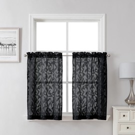 Lecloud Leia - Cortinas de cocina transparentes negras de 36 pulgadas de largo, 2 paneles, cortinas cortas de gasa con textura de hoja jacquard, doble bolsillo para barra, capas semi transparentes