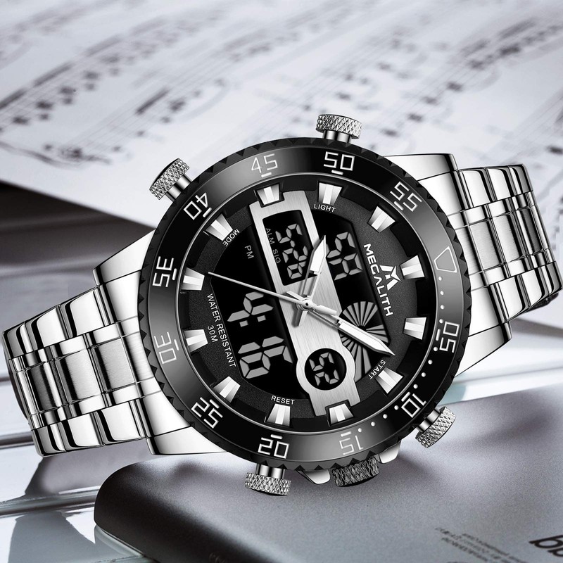 MEGALITH Watches for Men Military Digital: Silver Stainless Steel Waterproof