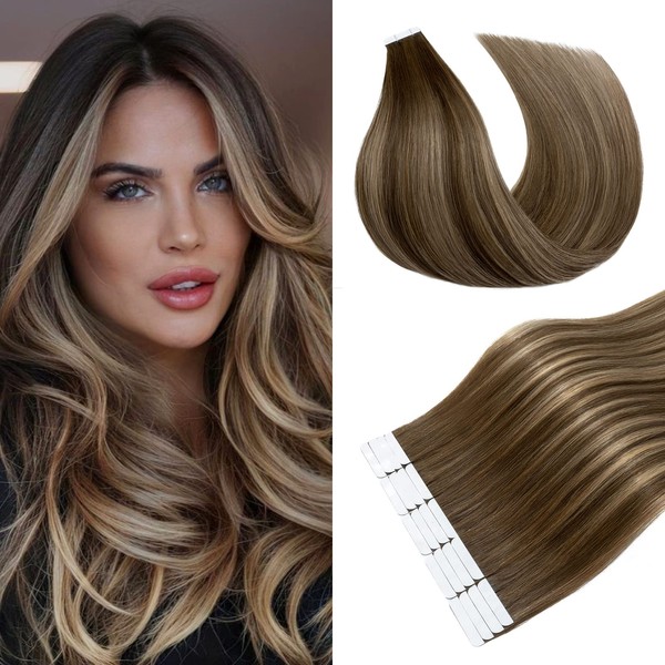 S-noilite Tape-In Real Hair Extensions, 20 Pieces, Medium Brown Mix Honey Blonde and Medium Brown, Remy Invisible Tape-In Hair Extensions, Tape-In Real Hair Extensions, 35 cm, 40 g, #4T4P27