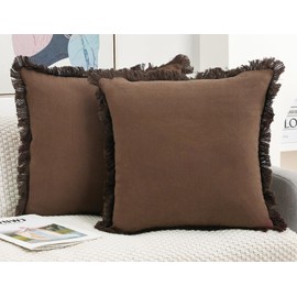 NUYECY Set of 2 Natural Linen Fringed Throw Pillow Covers,Chocolate Neutral Decorative Pillowcase with Chic Tassel Burlap Boho Large Cushion Covers for Couch Sofa Farmhouse,24x24 inches