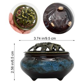 MrMrKura Ceramic Incense Burner with Lid, Incense Holder for Sticks Incense Cone Holder with Brass Incense Stick Holder for Yoga Meditation Home Decor (Fambe Blue)