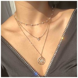 Cimenexe Bohemian Crystal Sun Pendant Necklace Multilayer Pearl Necklace Choker Rhinestone Northstar Chain Geometric Round Necklace Jewelry for Women Girls