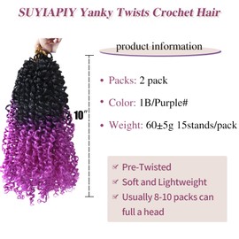 SUYIAPIY Yanky Twist Crochet Hair -Bohemian Spring Twists Hair Senegalese Twist Crochet Hair with Curls Mini Twist Short Passion Twists for Black Women (1B/Purple#, 10 inch)