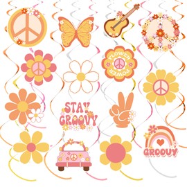 35Pcs Groovy Hippie Theme Party Hanging Swirl Decorations Set,60s Retro Flower Peace Theme Hanging Foil Ceiling Swirl Decorations for 60's 70's Hippie Theme Birthday Baby Shower Decorations