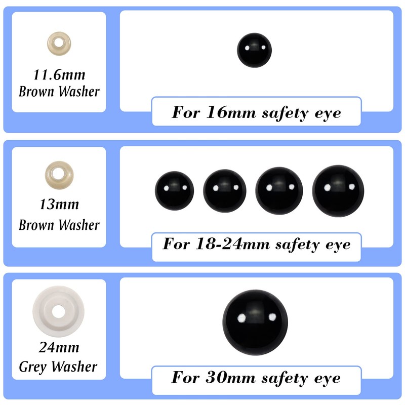 TOAOB 50pcs 16mm to 30mm Safety Eyes Black Plastic Dolls