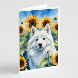 Caroline's Treasures American Eskimo in Sunflowers Greeting Cards Pack of 8 Blank Cards with Envelopes Whimsical A7 Size 5x7 Blank Note Cards