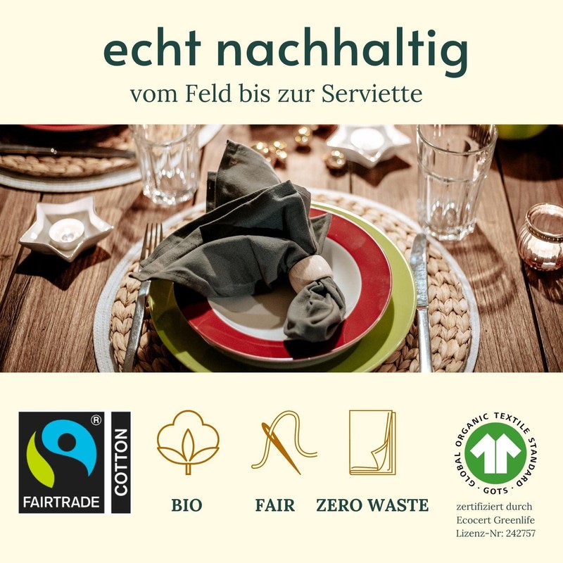 BewusstGrün 12 Fair & Sustainable Fabric Napkins + Folding Instructions,